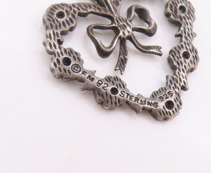 925 Sterling Silver Vintage Pendant Real Gemstones Love Heart & Bow  PT25783