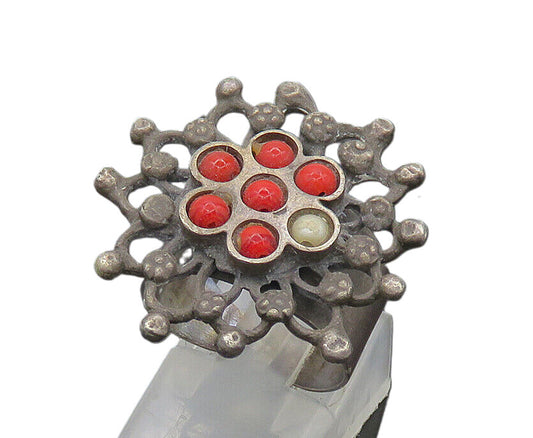 SWEDEN 925 Silver  Vintage Antique Coral & Pearl Cocktail Ring Sz 6.5  RG20882