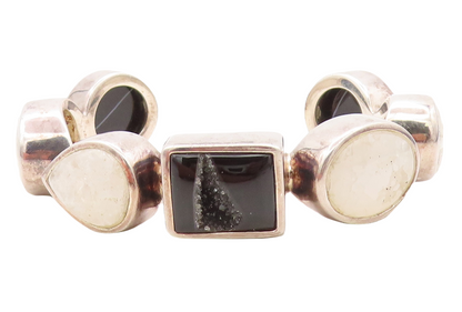 ISHARYA 925 Silver Quartz & Black Agate Multi Shape Cuff Bracelet BT3057