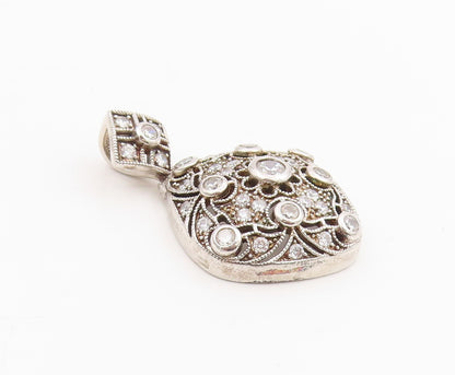 925 Sterling Silver Vintage Pendant Round CZ Intricate Victorian Style  PT25493
