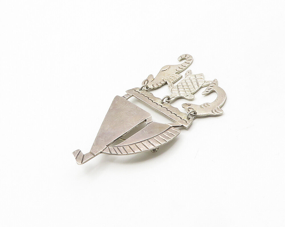 MEXICO 925 Silver  Vintage Dolphin Fish Seahorse Charm Boat Brooch Pin  BP7223