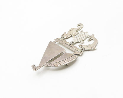 MEXICO 925 Silver  Vintage Dolphin Fish Seahorse Charm Boat Brooch Pin  BP7223