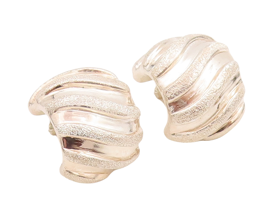 925 Sterling Silver Vintage Earrings Swirly Carved Waves Broad Hoop EG13145