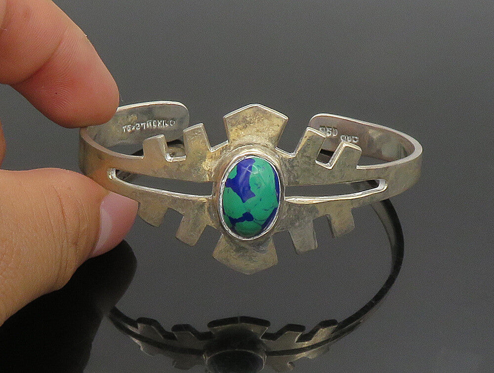 MEXICO 925 Silver  Vintage Cabochon Cut Azurite Abstract Cuff Bracelet  BT9369