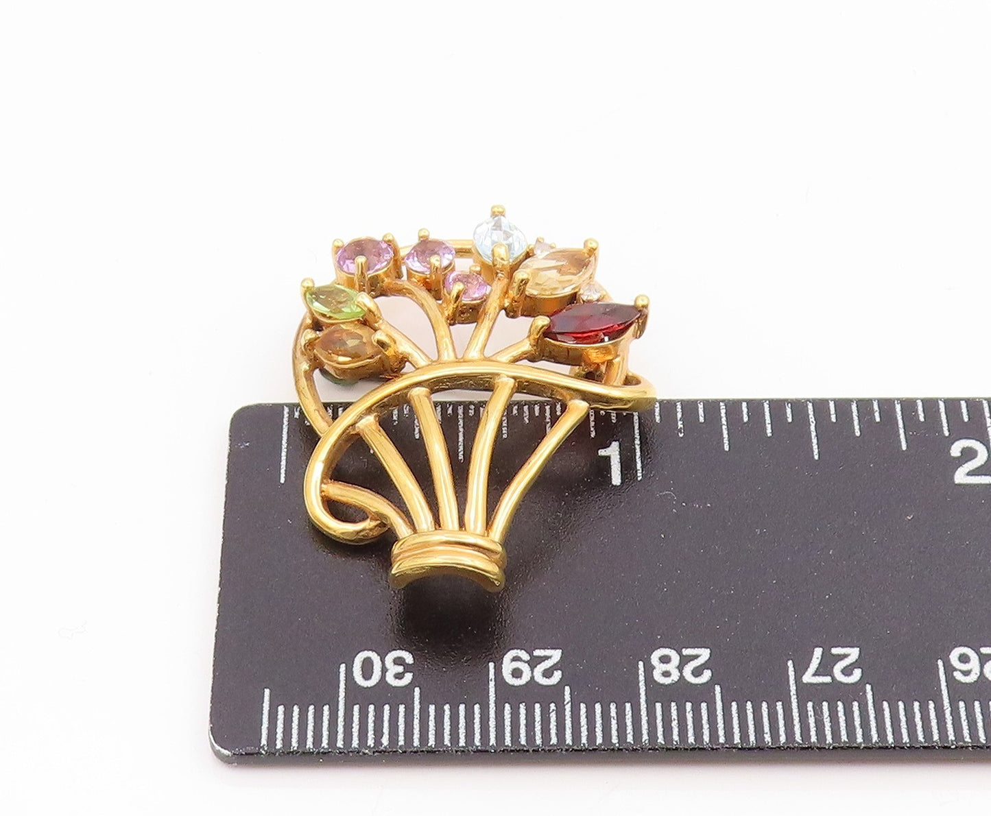 925 Sterling Silver Vintage Brooch Gold Plated Gemstone Floral Basket  BP12412