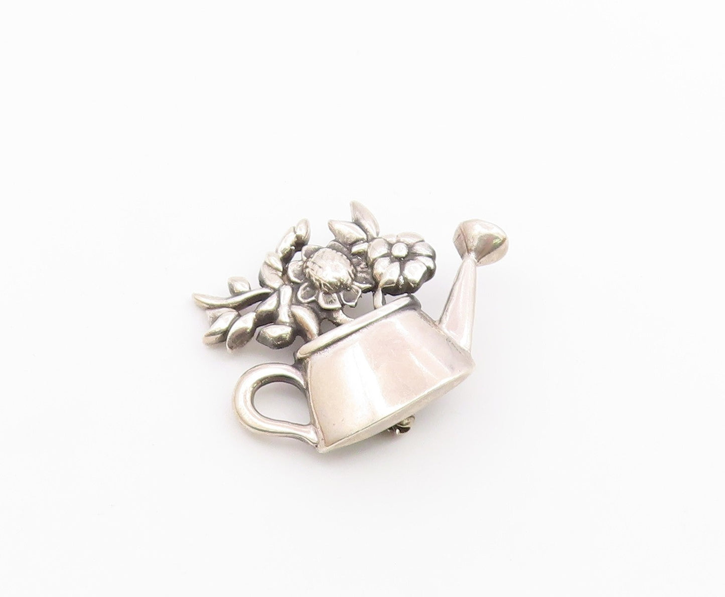 925 Sterling Silver  Vintage Shiny Watering Can With Flowers Brooch Pin BP3519