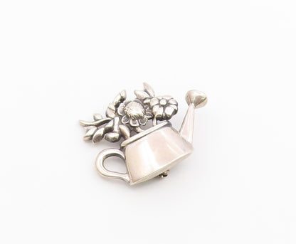 925 Sterling Silver  Vintage Shiny Watering Can With Flowers Brooch Pin BP3519
