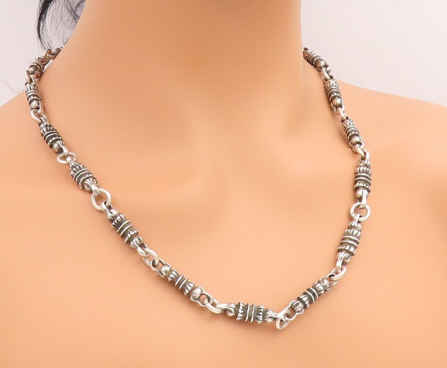 925 Sterling Silver Vintage Necklace MEXICO Barrel Link Long Chain HEAVY  NE4893