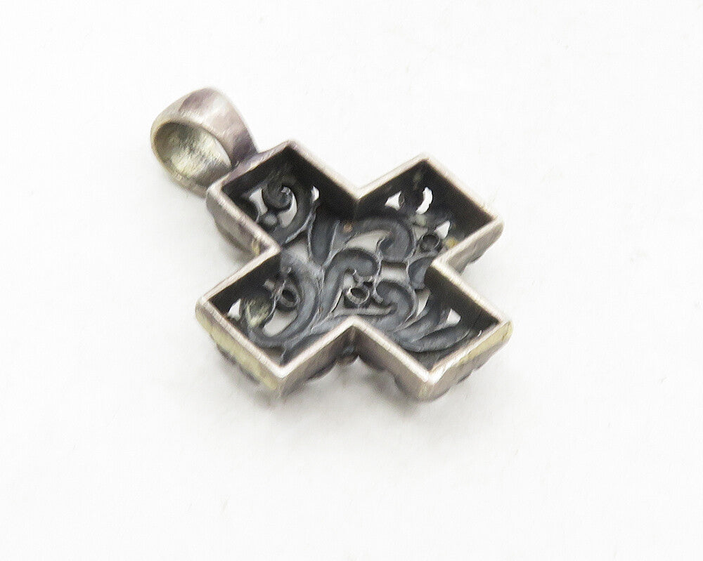 925 Sterling Silver  Vintage Dark Tone Cutout Swirl Cross Pendant  PT7792