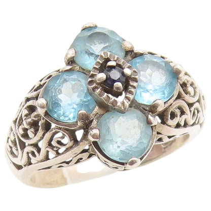 925 Sterling Silver Vintage Ring Sapphire & Aquamarine Floral Band Sz 7 RG36789