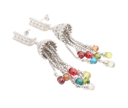 925 Sterling Silver Vintage Earrings CZ & Dangling Gemstone Tassel Cut  EG13454