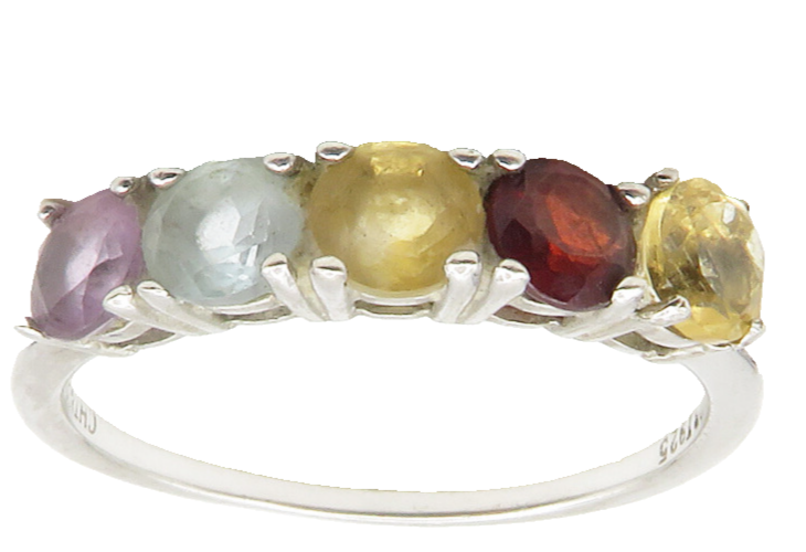 925 Sterling Silver Amethyst Topaz & Garnet 5 Stone Band Ring Sz 8 RG14220