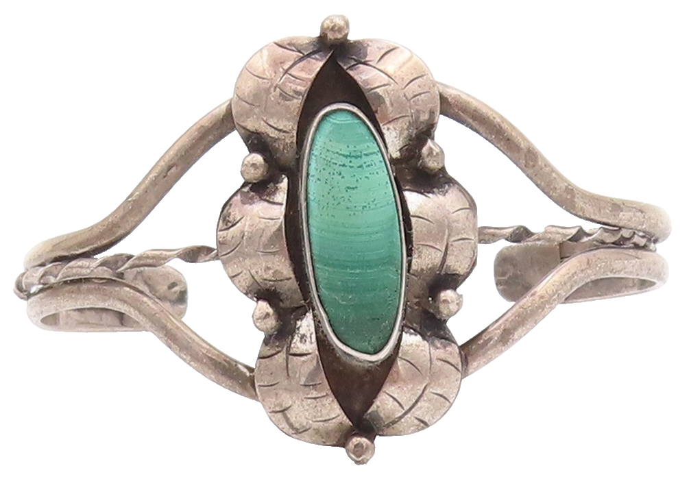 925 Sterling Silver Vintage Bracelet Oval Cut Malachite Floral Cuff  BT10661