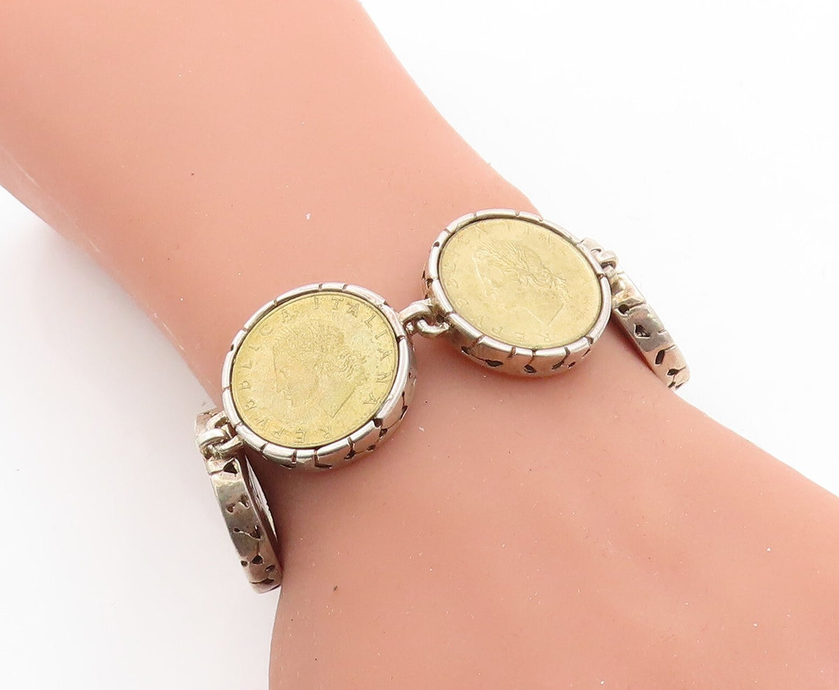 925 Sterling Silver  Vintage Two Tone Italian Coin Link Chain Bracelet  BT2537