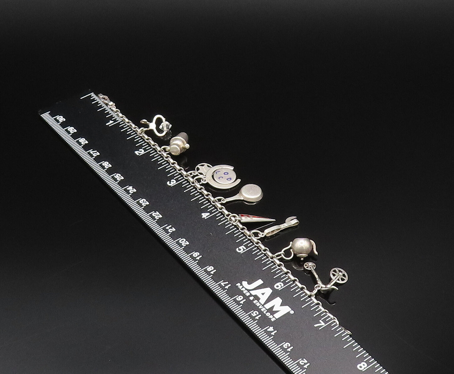 925 Silver  Vintage Hot Dog Pan Crystal Quartz & Multi Charm Bracelet  BT9667