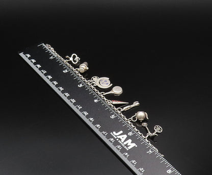 925 Silver  Vintage Hot Dog Pan Crystal Quartz & Multi Charm Bracelet  BT9667