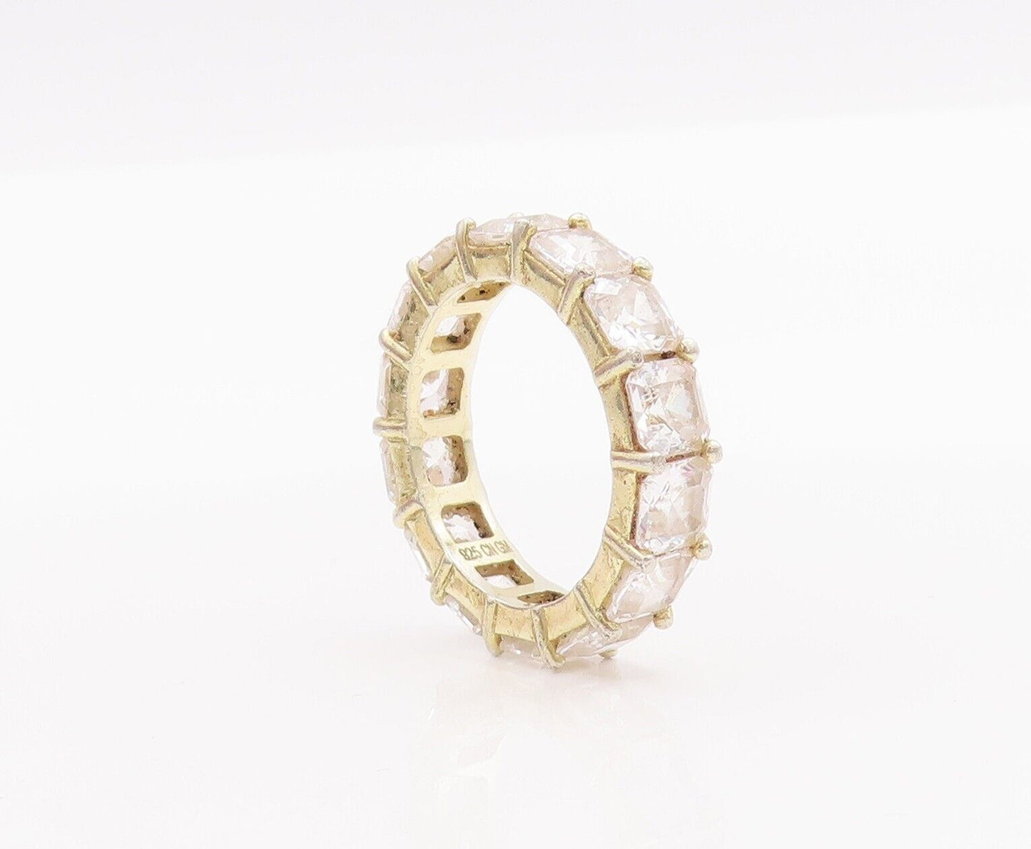 925 Sterling Silver Vintage Ring Gold Plated Square Cut CZ 360 Band Sz 8 RG28422