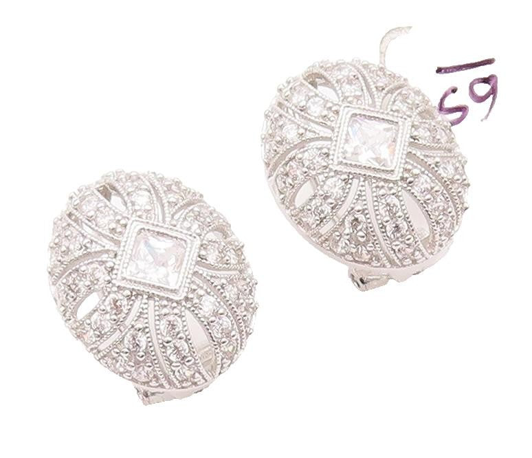 925 Sterling Silver Vintage Earrings Cutout Inlay Square Maine Stone CZ  EG12903