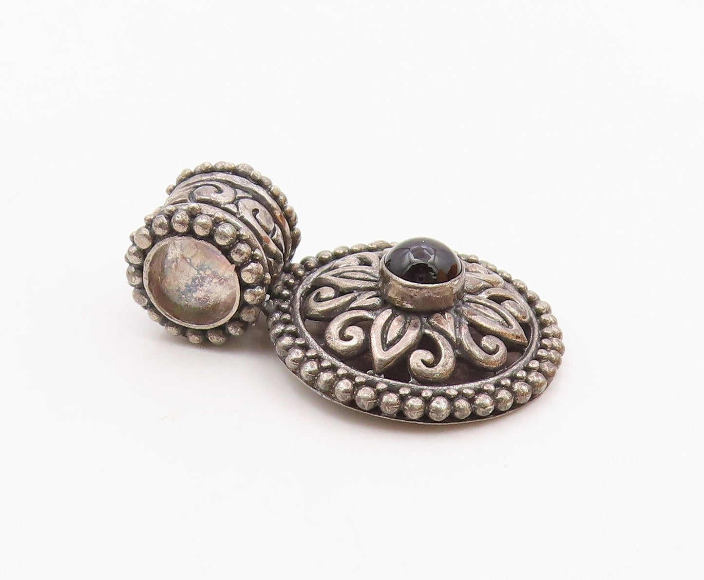 925 Sterling Silver  Vintage Floral Scroll Black Onyx Beaded Pendant  PT20305
