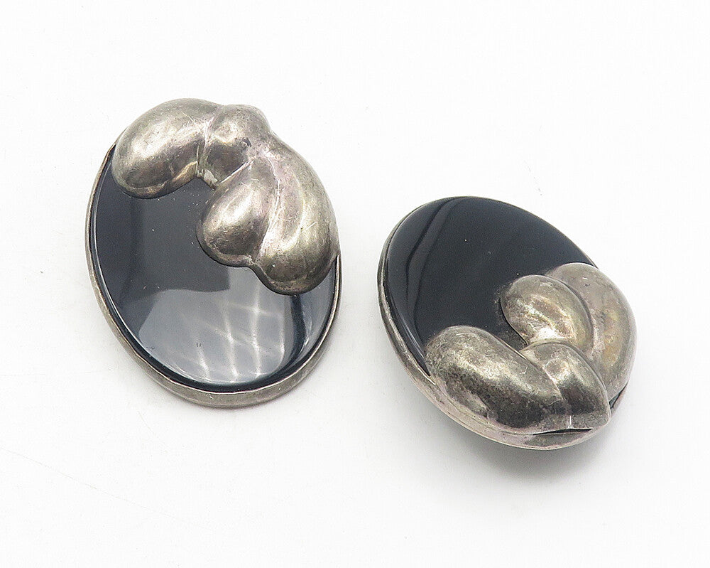 TURE 925 Sterling Silver  Vintage Black Onyx Bow Non Pierce Earrings  EG6061