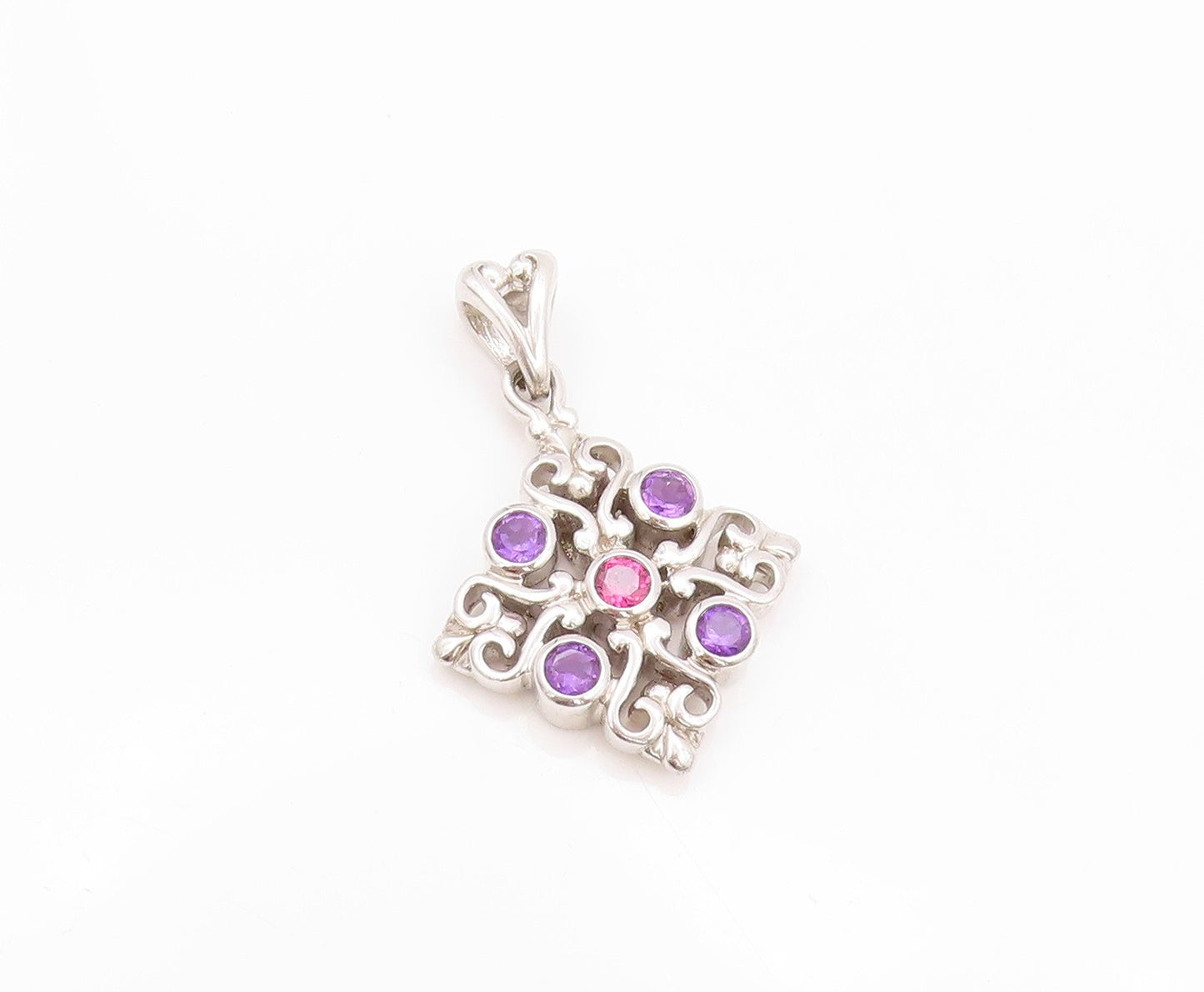 925 Sterling Silver Vintage Pendant MARYLIN & CO CZ Amethyst Hearts Cut  PT24051
