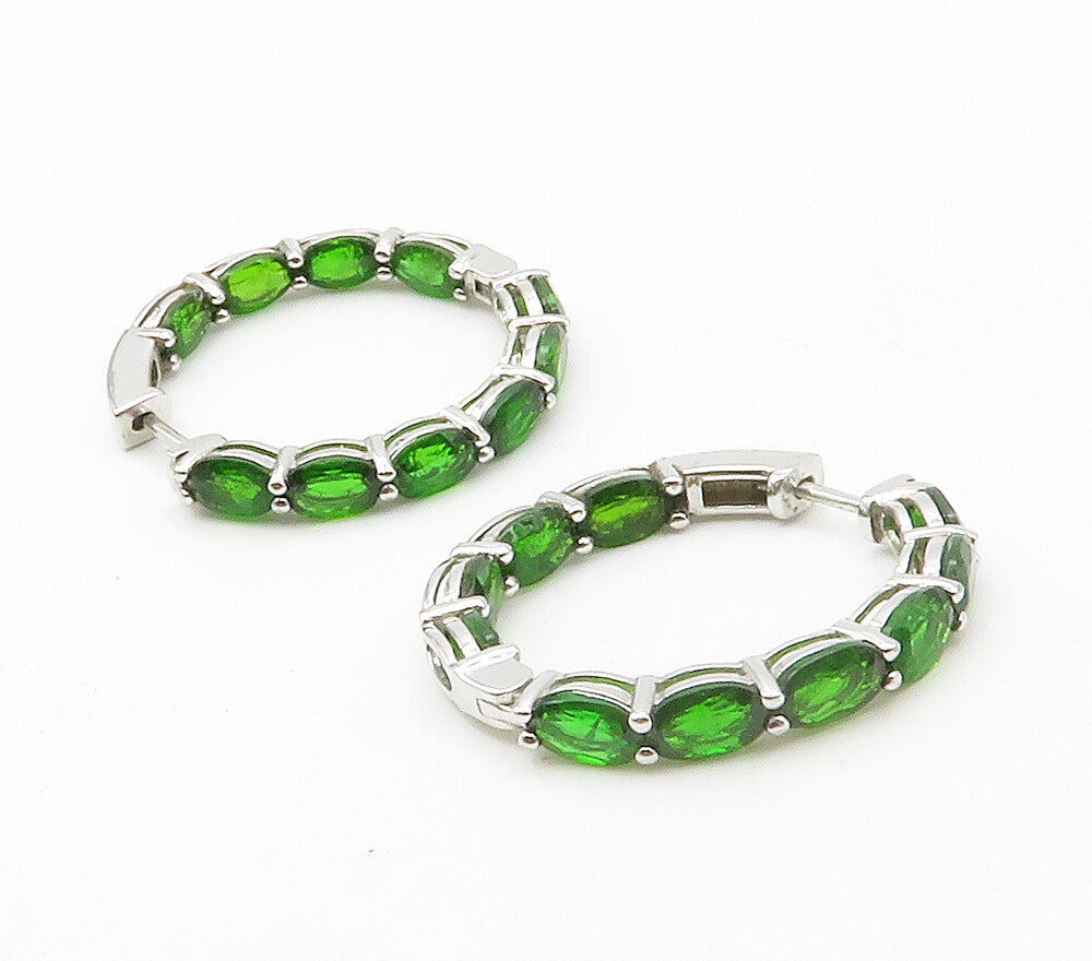 925 Sterling Silver  Green Topaz Shiny Round Hoop Earrings  EG7691