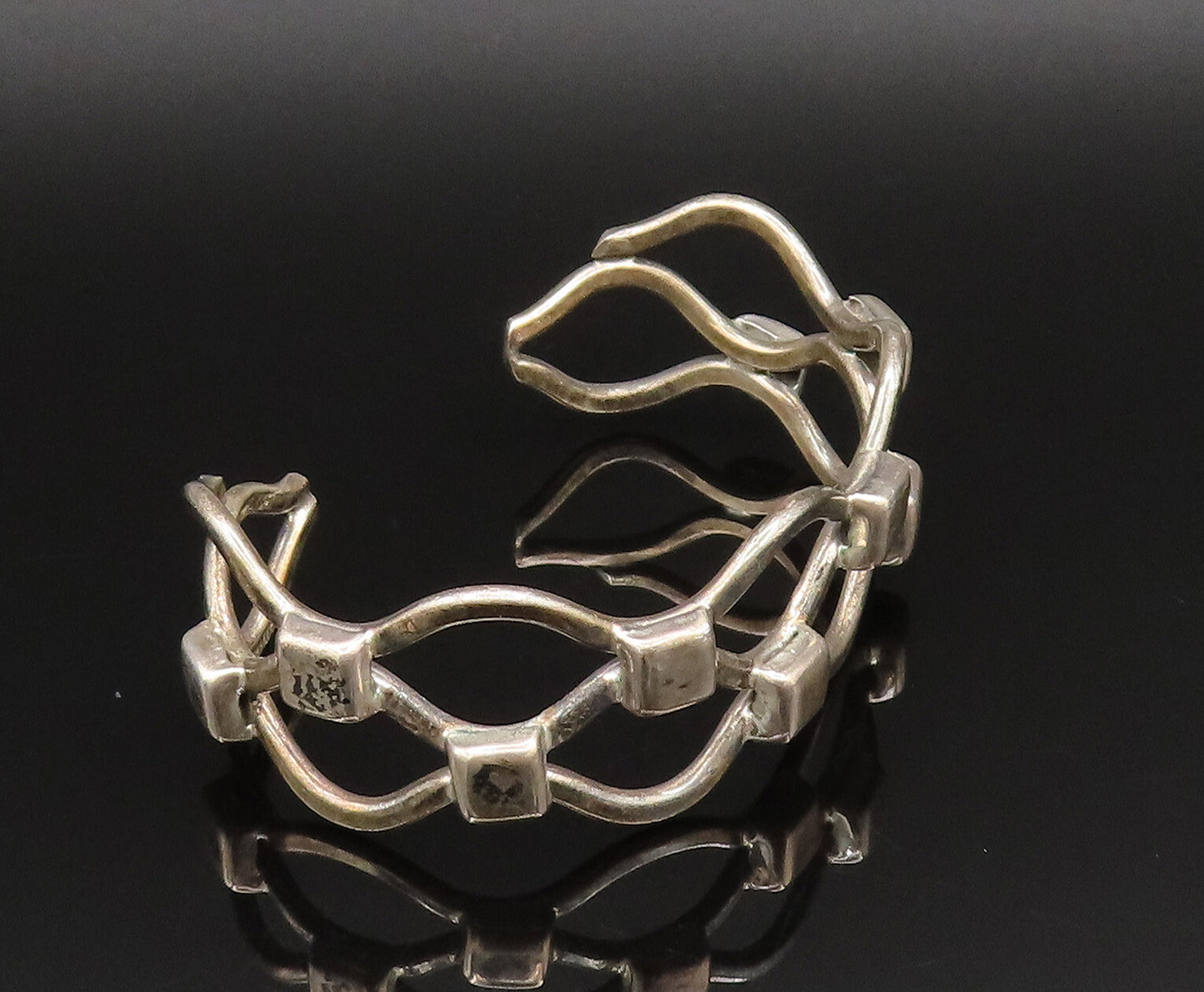 MEXICO 925 Silver  Vintage Wavy Open Square Pattern Cuff Bracelet  BT9579