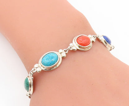 C. CO 925 Silver  Lapis Lazuli Turquoise & Coral Shiny Chain Bracelet  BT3000