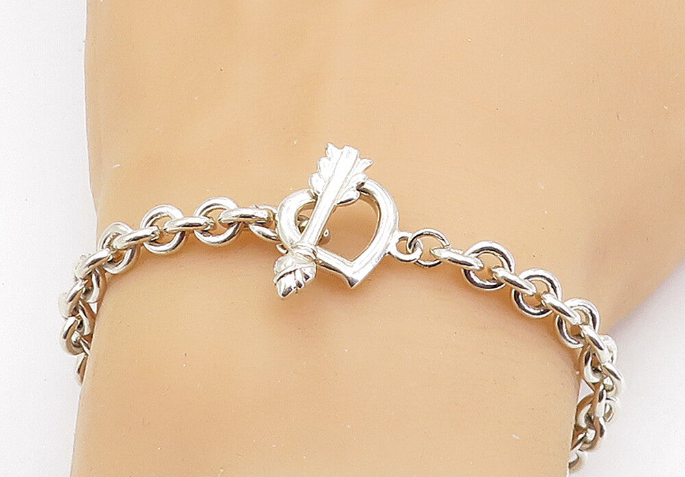 925 Sterling Silver  Love Heart Bow & Arrow Round Link Chain Bracelet  BT2630