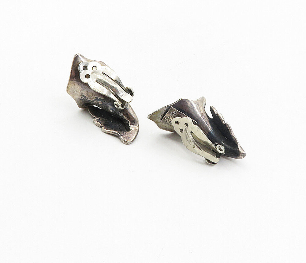 MEXICO 925 Sterling Silver  Vintage Sculpted Flower Non Pierce Earrings EG4578
