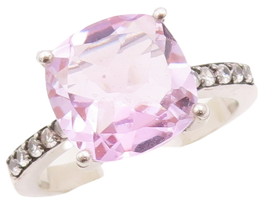 925 Sterling Silver Vintage Ring Round Cut Amethyst Diamonds Inlay Sz 7  RG29255