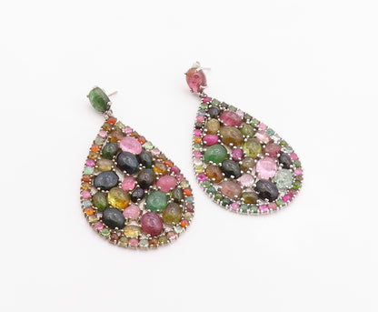 925 Sterling Silver Vintage Earrings Gemstone Large Teardrop Cluster  EG14386