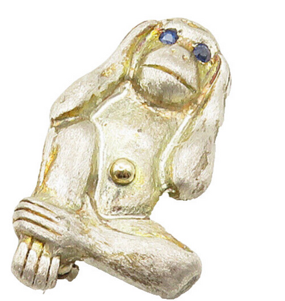 925 Silver  Vintage Modernist Kyanite Hear No Evil Monkey Brooch Pin  BP6275