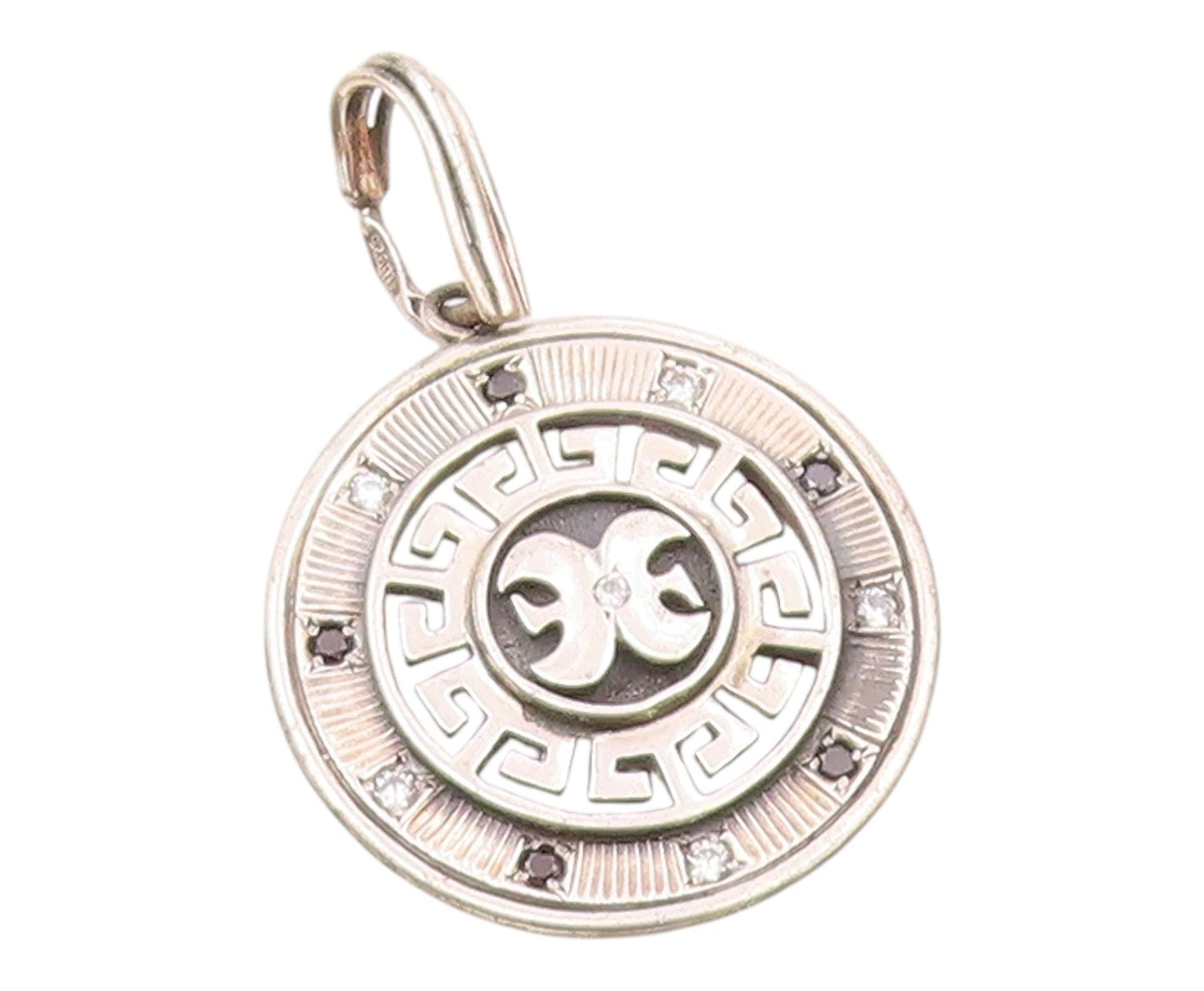 925 Sterling Silver  Vintage Cubic Zirconia & Sapphire Round Pendant  PT17098