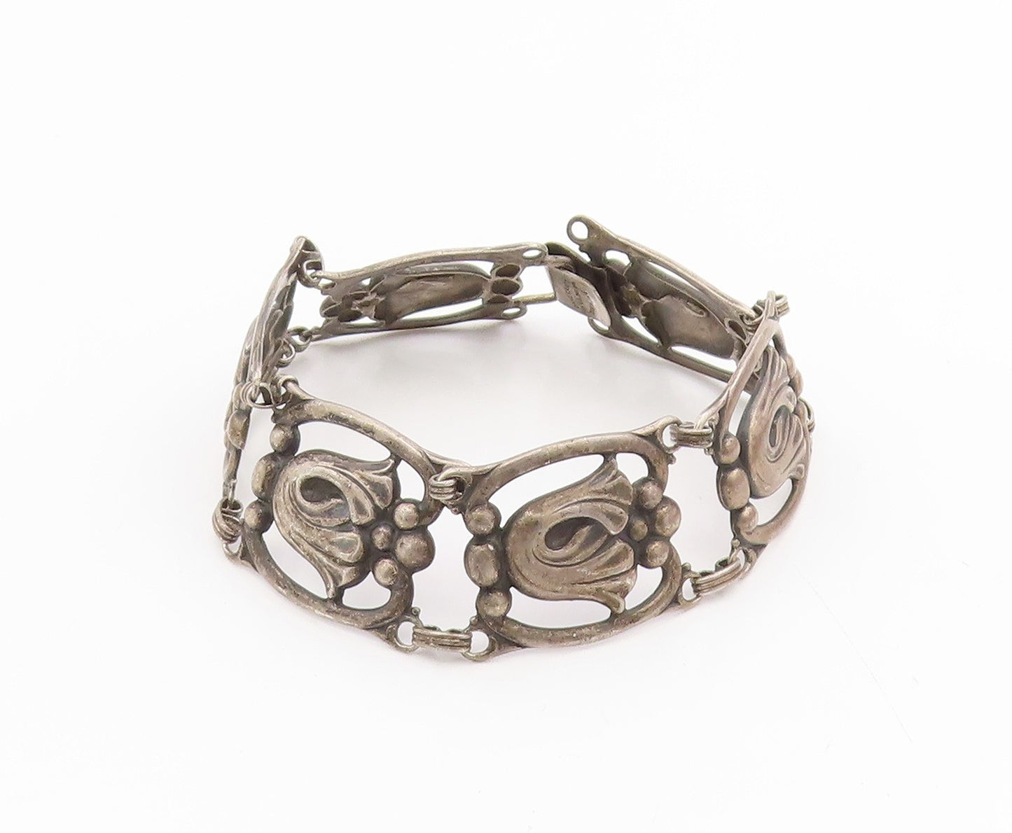 925 Sterling Silver Vintage Bracelet DANECRAFT Tulip Floral Panel Link  BT11678