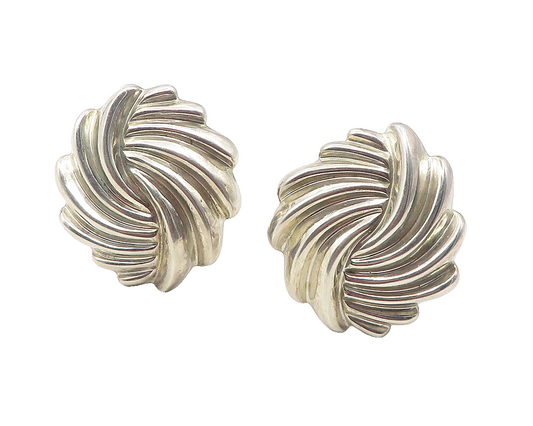 MEXICO 925 Silver  Vintage Shiny Hollow Modernist Non Pierce Earrings  EG5945