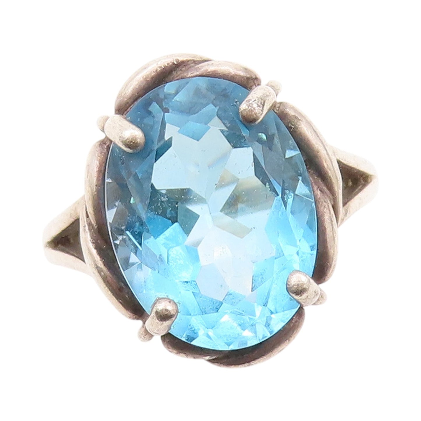 925 Sterling Silver Vintage Ring Large Oval Blue CZ Twisted Rope SZ 9  RG32127