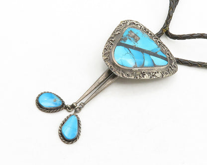L. BURNSIDE NAVAJO 925 Silver  Vintage Turquoise Leather Rope Necklace  NE2243