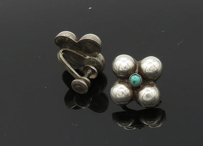 MEXICO 925 Sterling Silver Vintage Turquoise Floral Non Pierce Earrings EG9979