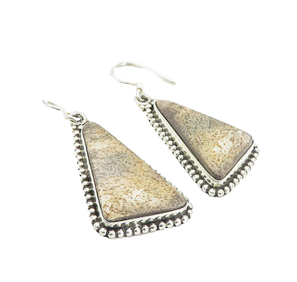 925 Sterling Silver  Vintage Brown Jasper Fluted Shiny Dangle Earrings  EG3779