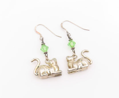 925 Sterling Silver Vintage Earrings Lucky Cat Charm with Green Sparkle  EG13710