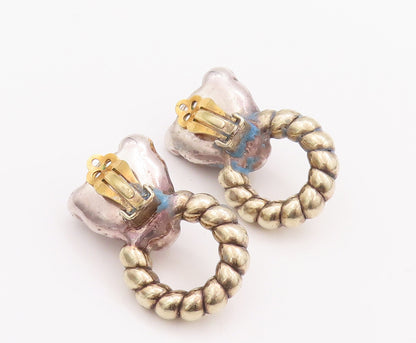 925 Sterling Silver Vintage Earrings Carved Leopard With Ring In Mouth   EG12996