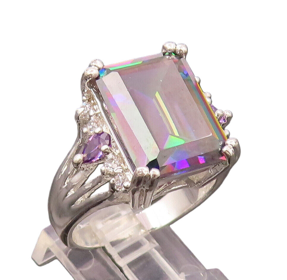 925 Silver  Vintage Rectangular Mystic Topaz Amethyst & CZ Ring Sz 10  RG26566