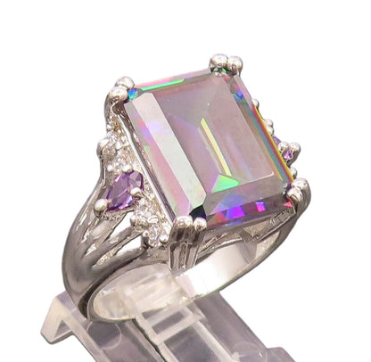 925 Silver  Vintage Rectangular Mystic Topaz Amethyst & CZ Ring Sz 10  RG26566