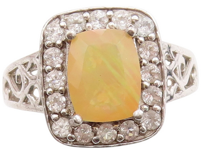 925 Sterling Silver Vintage Ring Fire Opal & Halo CZ Inlay Band  Sz 6.5  RG33479