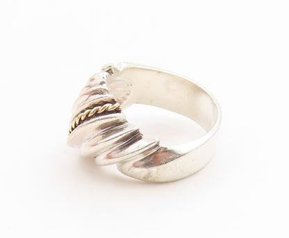 14k Gold & 925 Sterling Silver Vintage Ring Modernist Ribbed Dome  Sz 5  RG36197