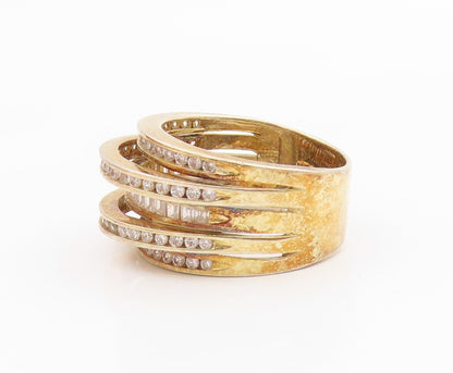 925 Sterling Silver Vintage Ring Gold Plated Multirow CZ Wide Band Sz 7 RG35689