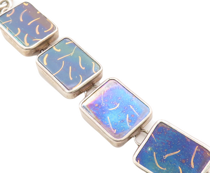 925 Sterling Silver  Vintage Enamel Art Square Link Chain Bracelet  BT1660