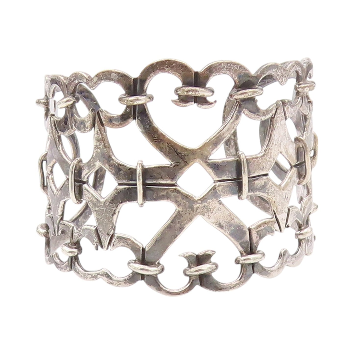 925 Sterling Silver Vintage Bracelet Dark Tone Cutout Heart Linked Cuff  BT11127