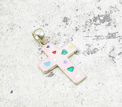 Gold Over 925 Sterling Silver Love Hearts Enamel Cross Drop Pendant PT1198